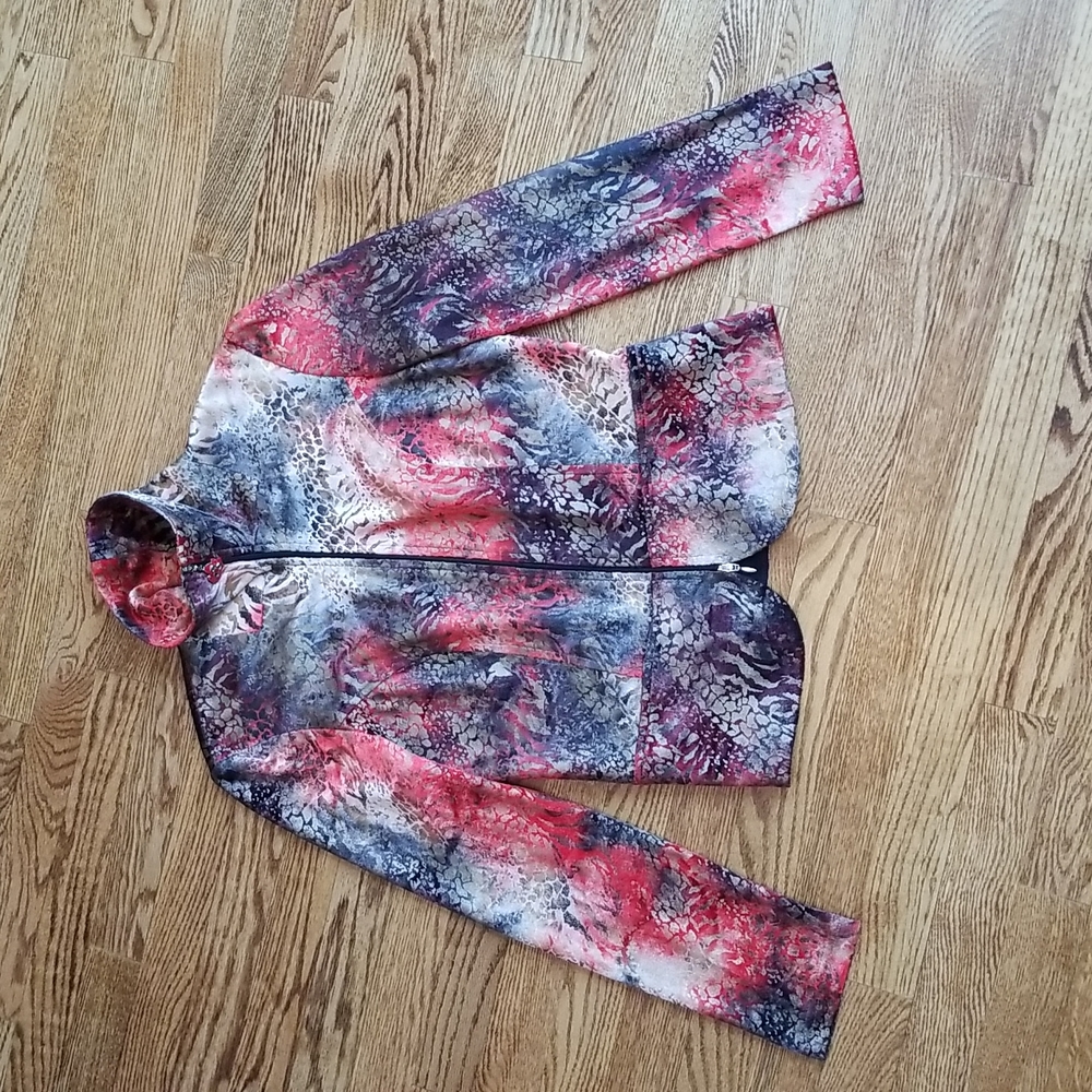 (S) Velevet Metallic Animal Print Zip Up Lightweight Sweater Canadian Made